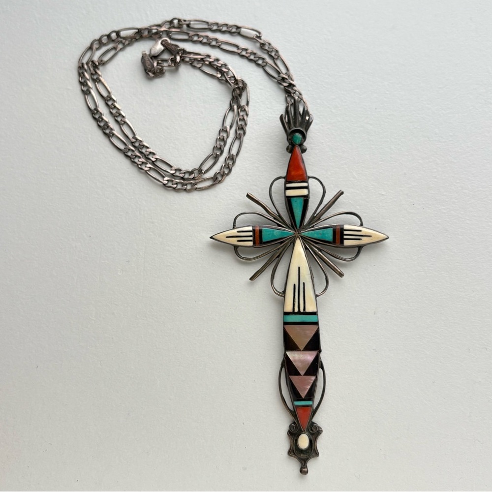 Sterling Zuni Adeline Bownannie Turquoise MOP Onyx  Coral inlay mosaic cross - Picture 4 of 16